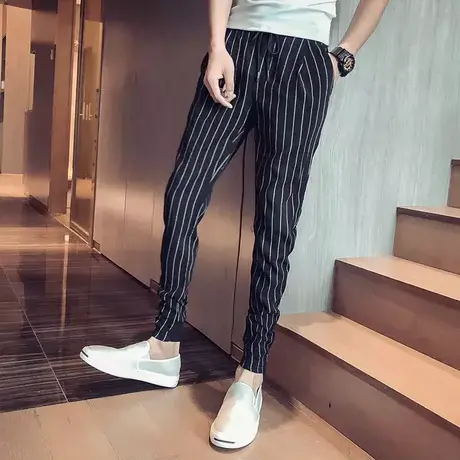 夏季九分休闲裤韩版潮流薄款哈伦裤网红潮牌修身发型师条纹男裤商品大图