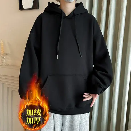 秋季黑色纯色高街重磅连帽卫衣男款潮牌情侣新款上衣美式宽松外套图片