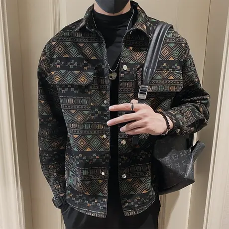 2023民族风潮ins满印牛仔夹克秋季潮牌痞帅工装花色个性外套上衣商品大图