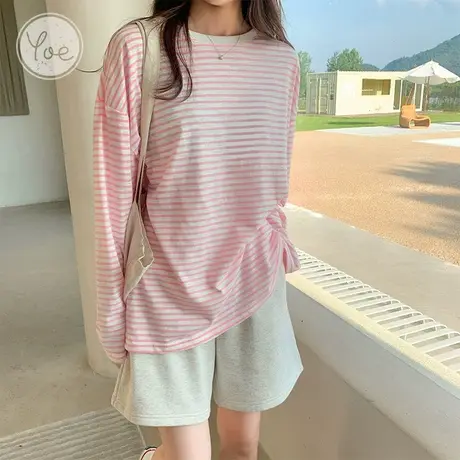 yoe长袖t恤女23春秋减龄显瘦上衣女小清新粉色条纹百搭防晒衫设计图片