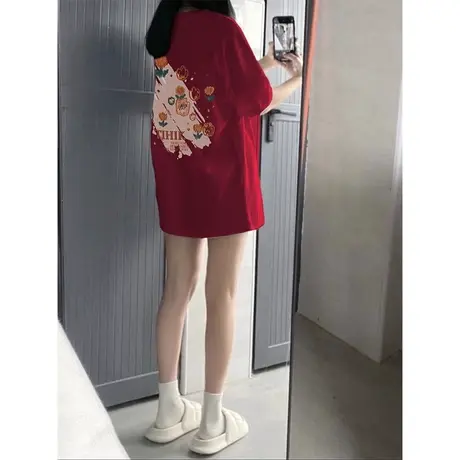 酒红色正肩短袖T恤女2024街头oversize潮牌宽松hiphop嘻哈风上衣商品大图