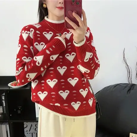 半高领红色毛衣女加厚针织打底衫2024新款爆款宽松女上衣春秋外穿商品大图