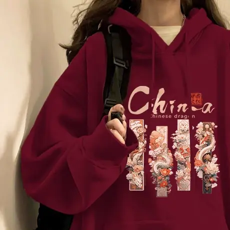 高级感连帽卫衣加绒复古chic港风卡通上衣ins潮大码冬季国风外套图片