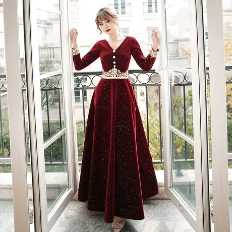 敬酒服新娘长袖长款冬季结婚宴会气质酒红色丝绒奢华v领晚礼服女商品大图