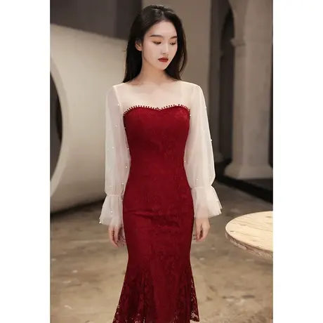 鱼尾敬酒服新娘平时可穿冬季红色结婚订婚回门礼服连衣裙仙气长袖商品大图