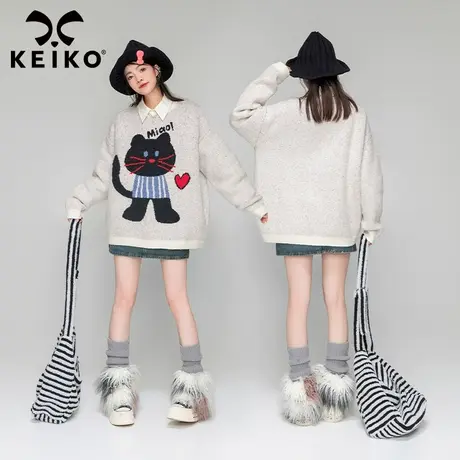 KEIKO 酷感黑猫提花针织衫女加厚2024春季时髦麻灰色慵懒宽松毛衣商品大图