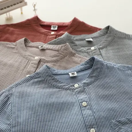 春秋新款日系文艺双层纱纯棉条纹长袖衬衫女宽松百搭打底立领上衣商品大图