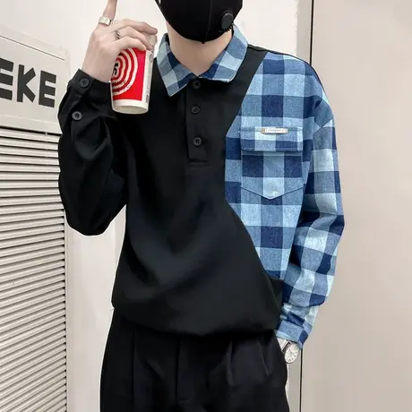 男士POLO领衬衫春季新款韩版拼色设计感格子上衣ins轻熟衬衣长袖商品大图