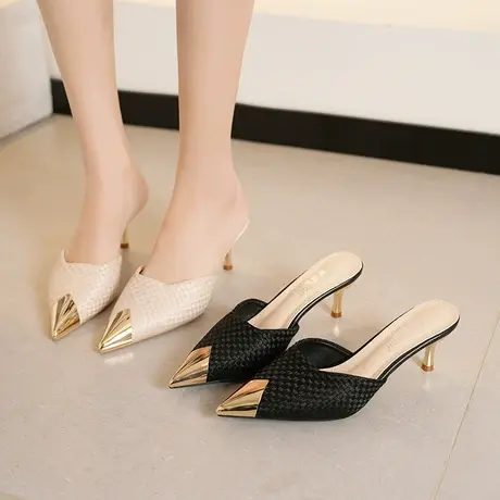 包头半拖鞋女款尖头高跟细跟气质单鞋2024新款春夏季小众复古凉拖商品大图