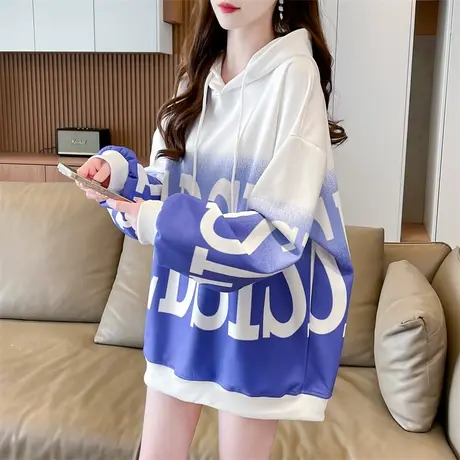 渐变色连帽卫衣女春秋韩版宽松大码中长款早春设计感小众薄款外套图片