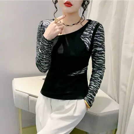 设计感豹纹镂空拼接亮片T恤女时尚撞色洋气长袖紧身上衣打底衫潮商品大图
