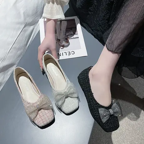 法式平底玛丽珍鞋女2024新款春夏季格子浅口单鞋小香风蝴蝶结瓢鞋商品大图