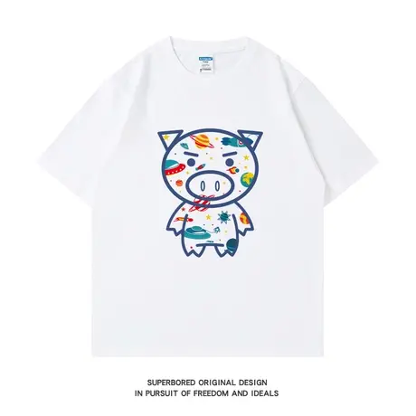 潮流趣味星球猪猪印花纯棉短袖T恤男ins港风潮牌夏季情侣宽松半袖商品大图