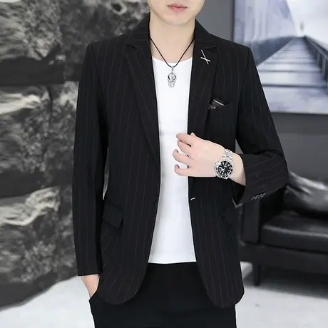 时尚韩版条纹西服外套男士礼服春秋季英伦轻熟风休闲商务单西西装图片