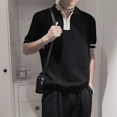 短袖POLO衫男夏季潮牌半袖T恤男装轻熟雅痞休闲半拉链拼色针织衫图片
