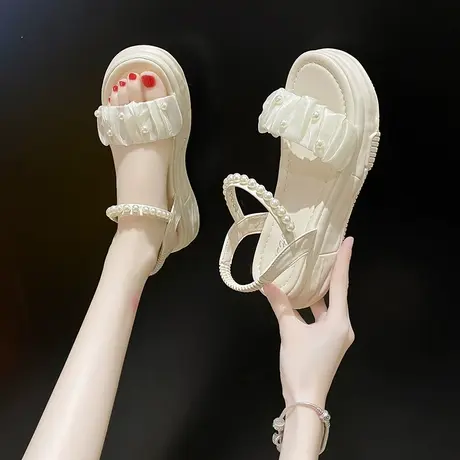 凉鞋女款2024年夏季新款时尚厚底仙女风罗马鞋子珍珠外穿软底时装图片