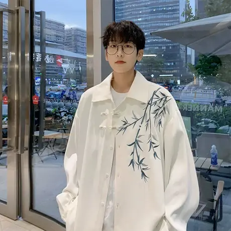 白色刺绣中国风衬衫男长袖春季痞帅高级感设计衬衣新中式寸衫外套商品大图