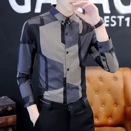 春秋季韩版2022新款长袖衬衫男士修身休闲痞帅高级感格子潮流衬衣商品大图