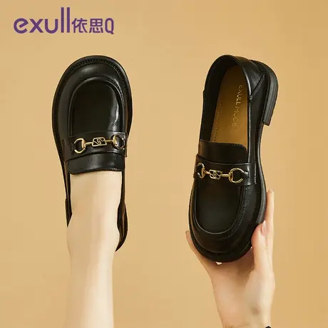 依思q英伦风黑色小皮鞋女2024新款春秋一脚蹬女鞋子秋厚底乐福鞋商品大图