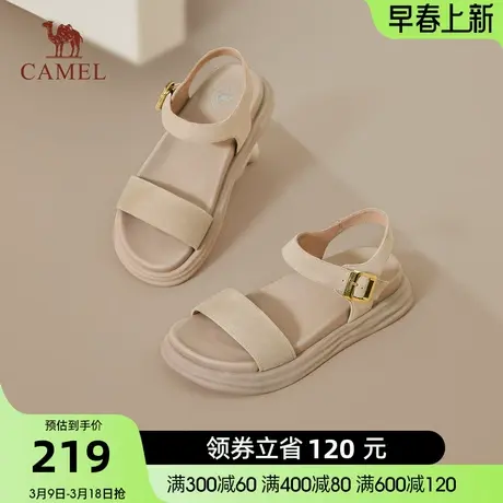 骆驼女鞋夏季新款平底一字带凉鞋时尚厚底真皮厚底休闲凉鞋女图片