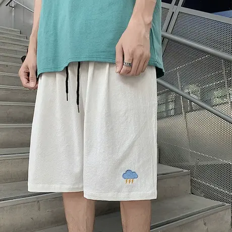 国潮天气刺绣亚麻短裤男夏季薄款网红ins超火棉麻绣花情侣五分裤商品大图