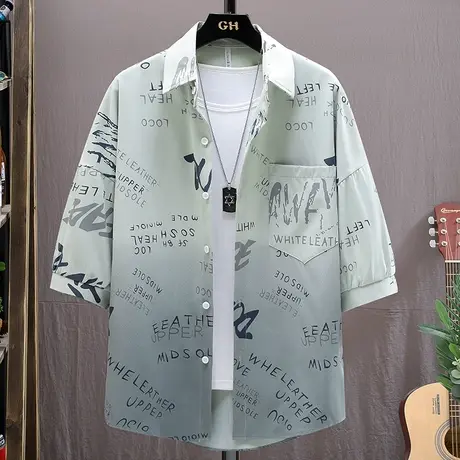 夏季衬衫男短袖廓形冰丝五分七分袖衬衣字母印花潮流男士薄款外套商品大图
