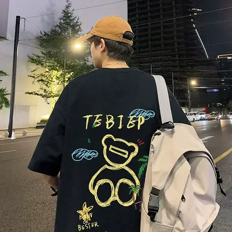 纯棉短袖t恤男夏季港风潮牌小熊印花半袖内搭宽松打底衫国潮体恤t商品大图