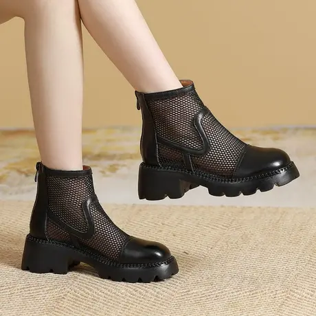 春款2023女款秋季超厚底短靴真皮大码女靴41一43洞洞靴平底靴子商品大图