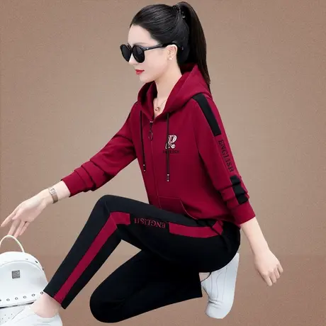 休闲运动服套装女新款春秋季时尚韩版大码女装连帽卫衣外套两件套图片