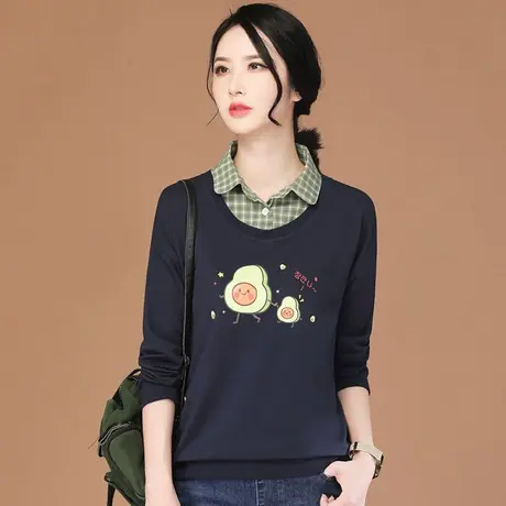 韩潮袭人假两件印花格子套头卫衣女2023秋装新款宽松长袖T恤上衣商品大图