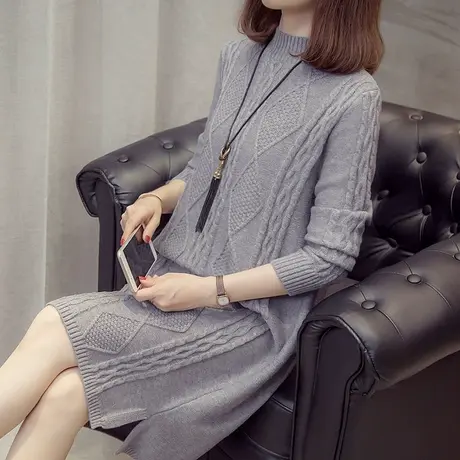 中长款毛衣女加厚半高领套头针织打底衫秋冬季宽松百搭麻花毛线衣商品大图