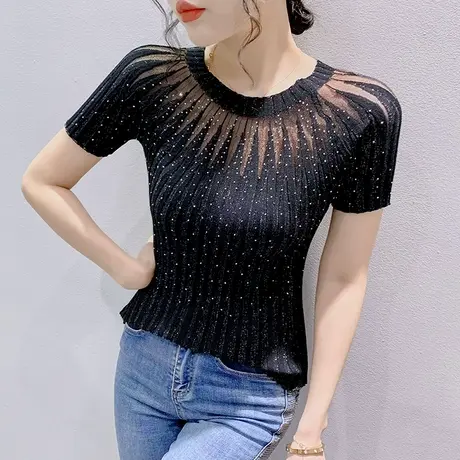 网纱拼接女装性感镂空针织T恤短袖欧货洋气烫钻上衣紧身圆领小衫商品大图