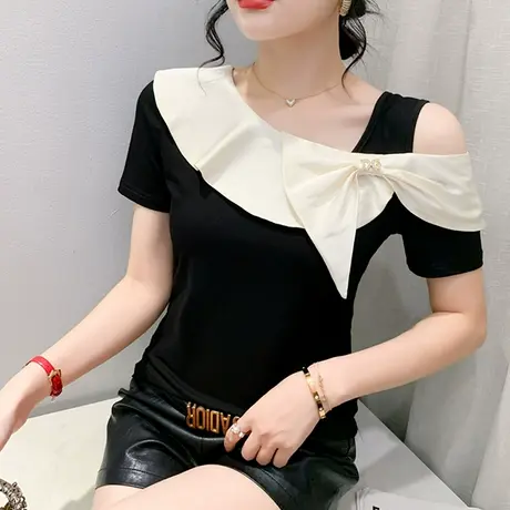 设计感蝴蝶结T恤女短袖欧货夏装性感露肩小衫修身显瘦气质上衣ins商品大图