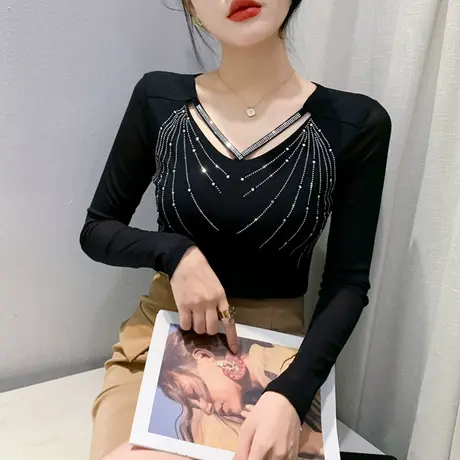 2023秋装新款时尚重工烫钻T恤女长袖性感V领上衣内搭网纱打底衫潮商品大图