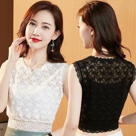 高领蕾丝打底衫2022秋冬新款时尚小衫性感无袖内搭立领背心春秋装商品大图