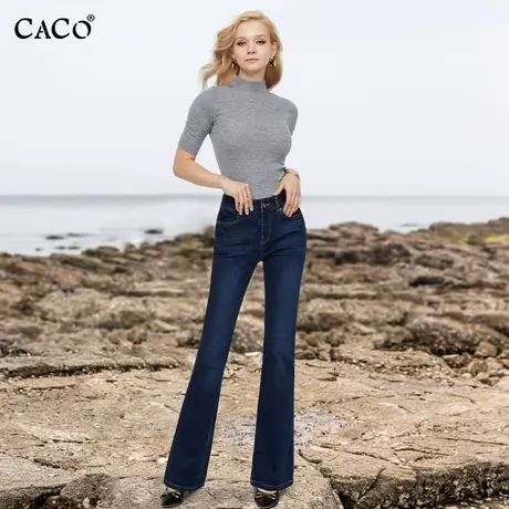 喇叭牛仔裤女复古深蓝色高腰绣花兜袋设计长裤修身显瘦显高显腿长商品大图