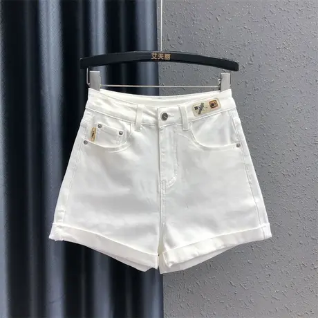 白色简约设计显瘦牛仔短裤女夏新款个性贴标高腰a字阔腿裤百搭潮图片