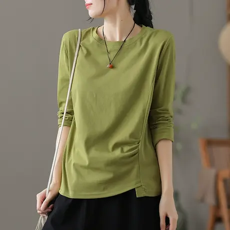 dza纯色全棉宽松长袖t恤女士秋季新款不规则上衣休闲圆领打底体恤商品大图