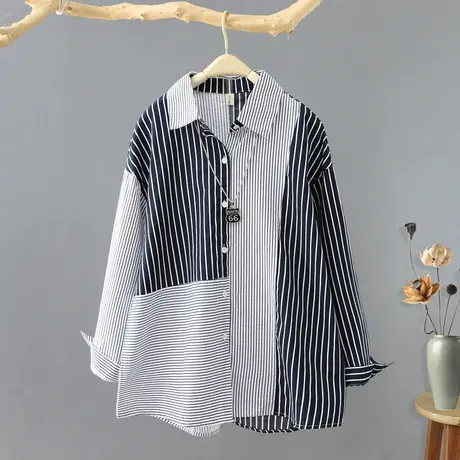春装新款条纹拼接设计感小众长袖女衬衫女宽松衬衣打底衫女装上衣商品大图