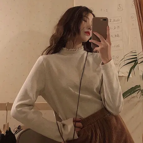 半高领蕾丝打底衫长袖t恤女2023新款秋冬大码加绒加厚内搭上衣服图片