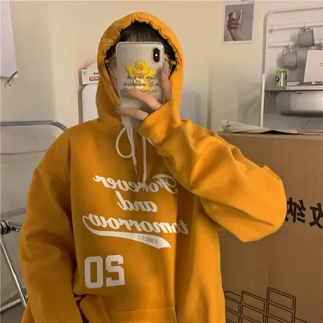 新款韩版冬装慵懒风ulzzang港风ins潮小个子加绒加厚连帽卫衣女图片
