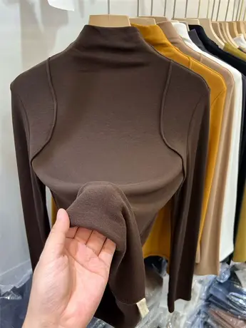 加绒加厚针织衫半高领拼接女装2022秋冬季新款纯色修身长袖打底衫商品大图