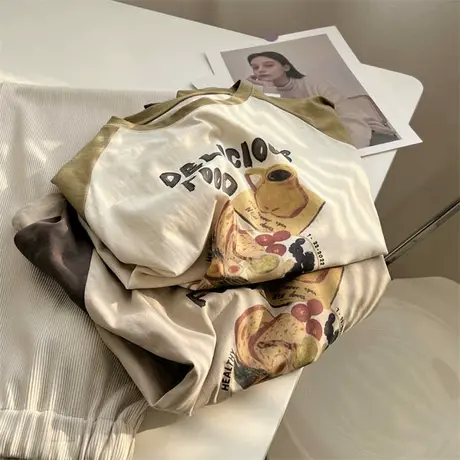 韩版美食字母印花插肩袖圆领长袖T恤女宽松文艺百搭打底衫春秋潮商品大图