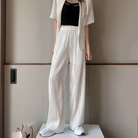 宽松阔腿裤女夏季薄款高腰垂感慵懒风休闲直筒拖地水波纹裤白裤子图片