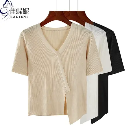 夏季新款韩版V领修身短款不规则开叉曲珠针织衫短袖体恤上衣女装商品大图