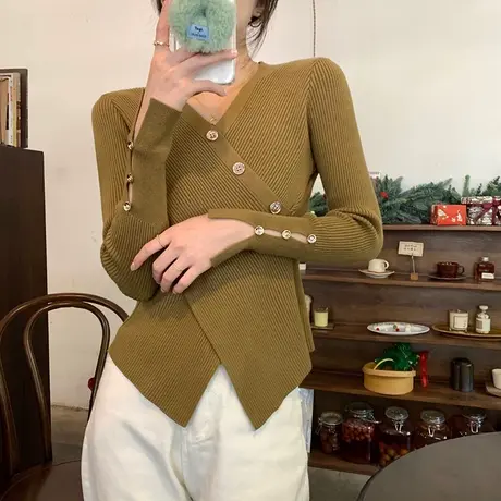 气质v领打底衫女2023春秋季内搭修身设计感毛衣针织衫早春上衣服商品大图