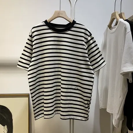 原宿黑白条纹短袖T恤女设计感夏季2021韩版宽松显瘦oversize上衣商品大图