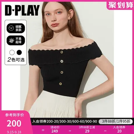 DPLAY2023夏新法式优雅经典黑一字肩修身短款金属纽扣针织小衫商品大图