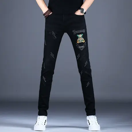 男士黑色刺绣印花牛仔裤男夏季新款2023裤子修身小脚网红爆款休闲商品大图