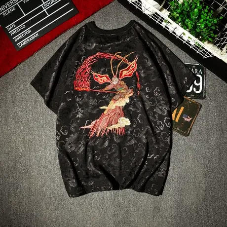 中国风潮牌刺绣短袖T恤男宽松潮流冰丝国潮打底衫小众体恤ins上衣商品大图